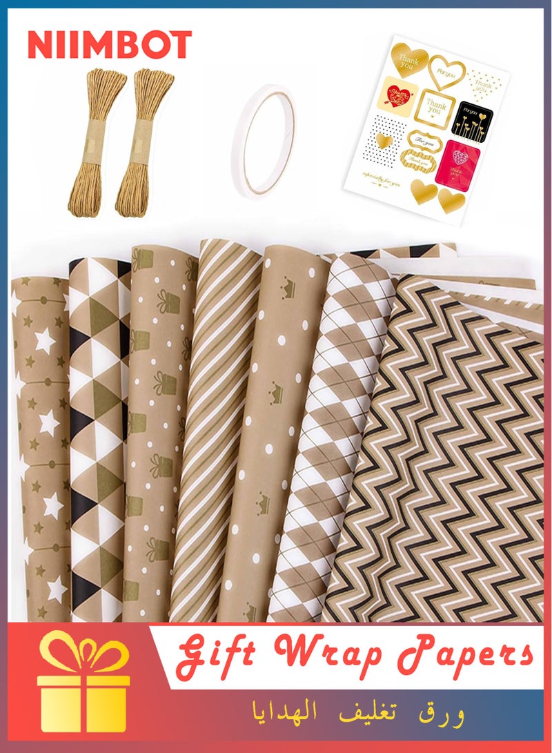 NIIMBOT 7 Sheets Gift Wrapping Paper with Ribbon Sticker Tape Set, Durable Gift Wrap Set for Birthday Party, Valentines Day, Wedding, Baby Shower, Bridal Shower,  Graduation 50 cm X 70 cm - Image 1